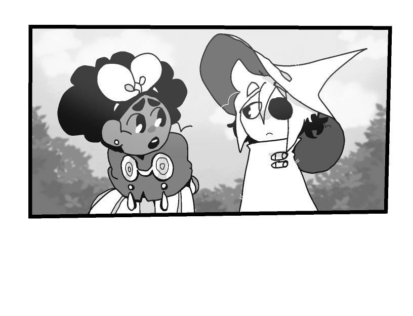 Mirabelle asking Siffrin a question worriedly. She's leaning forward with her hands behind her back. Siffrin looks unbothered as he listens.