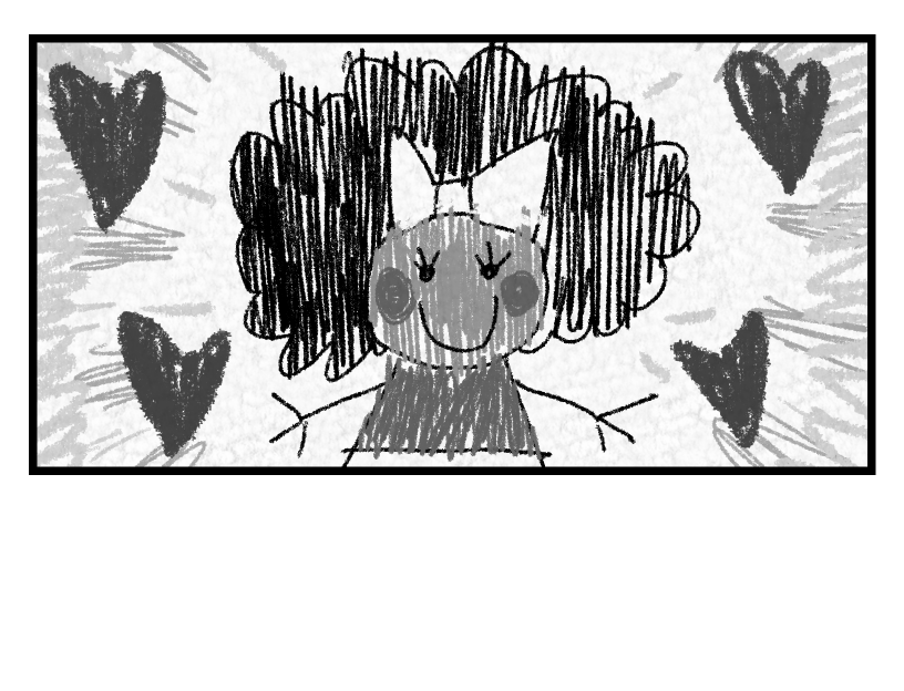 A child's drawing of Mirabelle, with hearts around her.