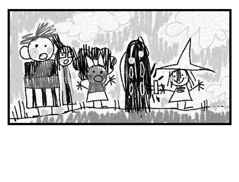 A child's drawing of Isabeau, Odile, and Mirabelle looking surprised while Siffrin stabs a Sadness in front of them.