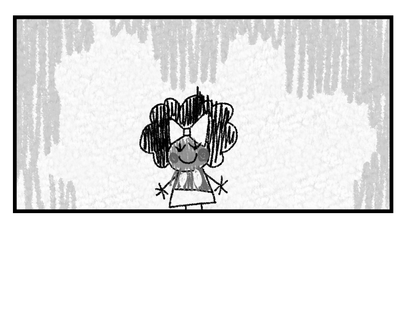 A child's drawing of Mirabelle, standing with empty spaces on either side.