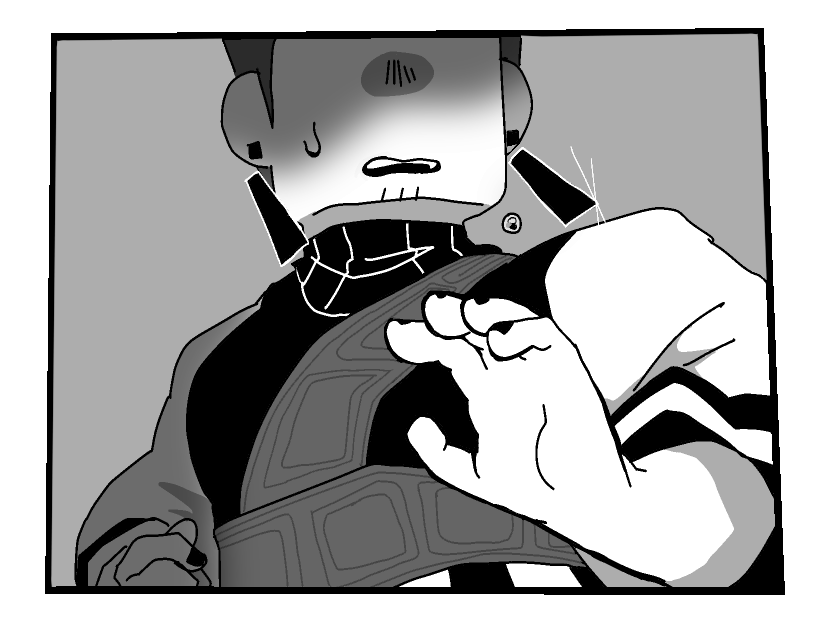 Isabeau reels back. He holds up a hand between himself and Siffrin. His eyes are obscured by shadow and his expression is shocked.