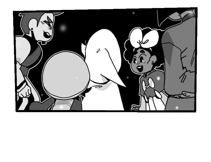 The party surround the turned-away ghost Siffrin. All of them look happy.