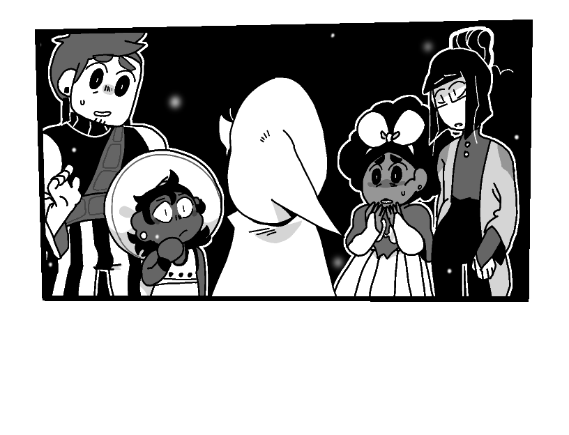 The party draw away from the ghost. They look disturbed. The ghost is still turned away.