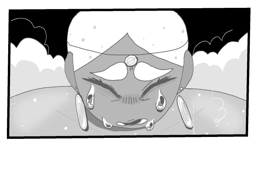 Euphrasie squeezes her eyes shut as she cries. She looks deeply saddened and regretful.