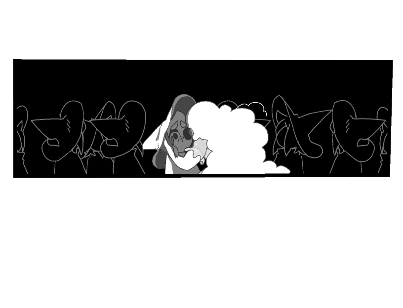 Euphrasie cups Siffrin's face with her back is turned to the viewer, hunched over in misery. Siffrin is entirely cast in the shadow of their hat. White on black silhouettes of Siffrin encircle them.