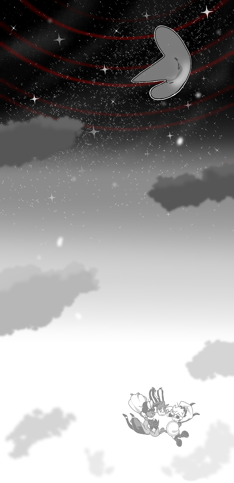 The party, including Siffrin, hold hands in a circle as they fall through the sky. Above them, Siffrin's hat drifts off to the stars. end ID.