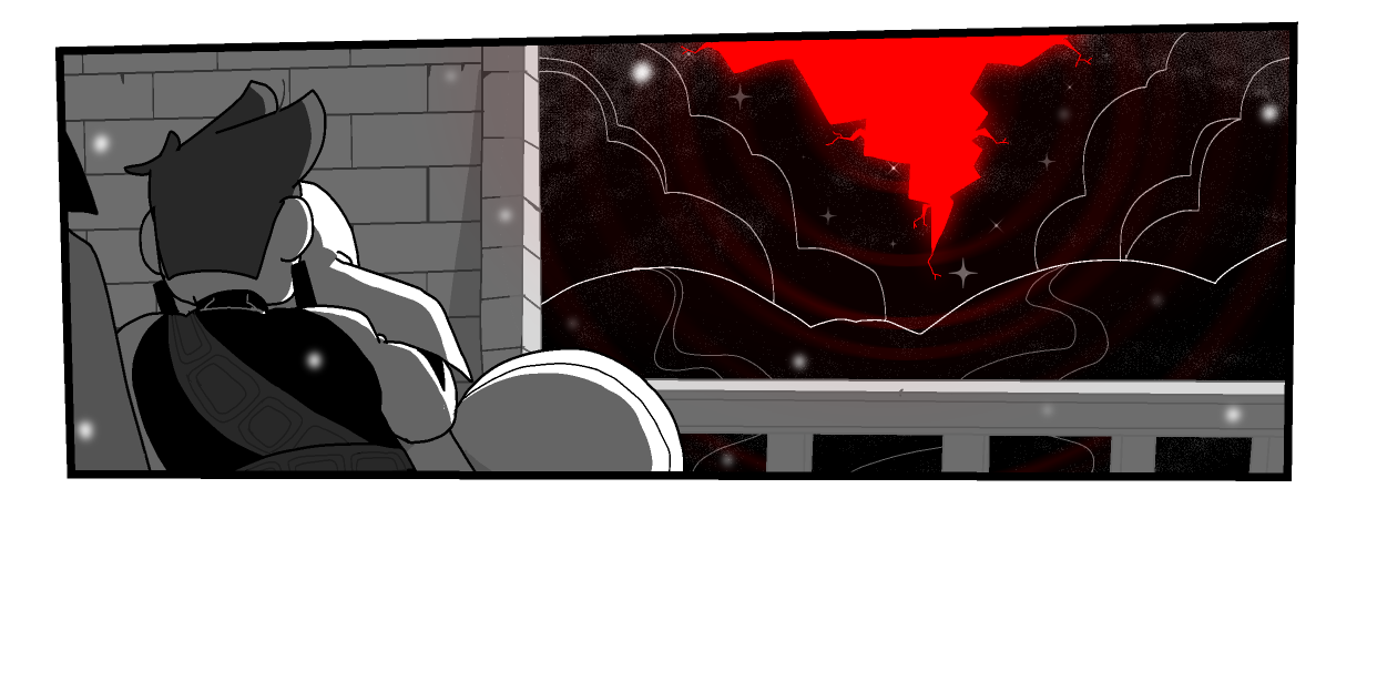 Isabeau looks over Siffrin's hat out of one of the windows. There is a massive, red, star-shaped tear in the sky, with concentric red circles emananting out from it.