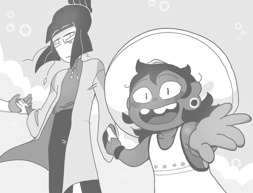 Bonnie and Odile both look toward the viewer while smiling. Odile is holding Euphrasie's and Bonnie's hands, while Bonnie stretches their hand out to the viewer.