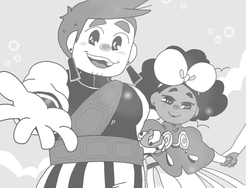 Mirabelle and Isabeau both look toward the viewer. Mirabelle is holding Euphrasie's and Isabeau's hands, while Isabeau stretches his hand out to the viewer. They are both smiling brightly.