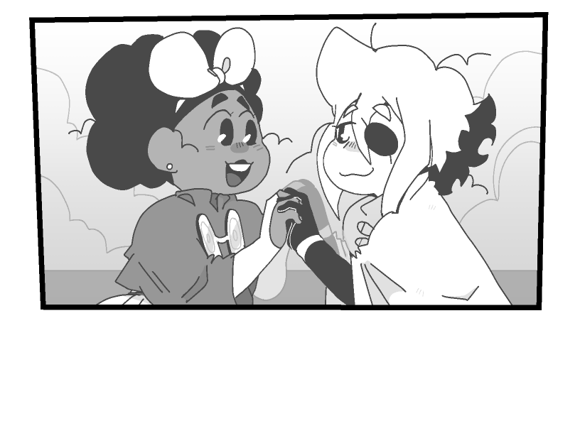 Siffrin and Mirabelle hold hands. Siffrin smiles tiredly and Mirabelle is cheerful.