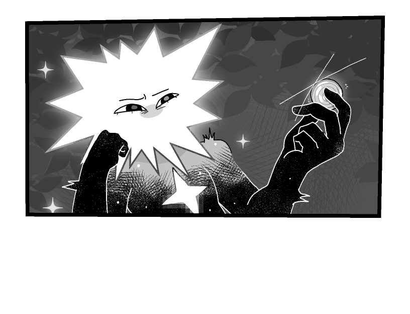 Loop holding Siffrin's silver coin. Their head is propped on their free hand, and their brows are furrowed deeply.