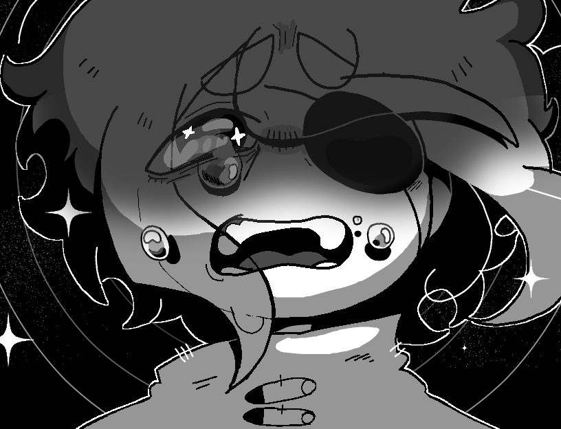 Loop, still as Siffrin, cries out with both tears and stars in their eye.