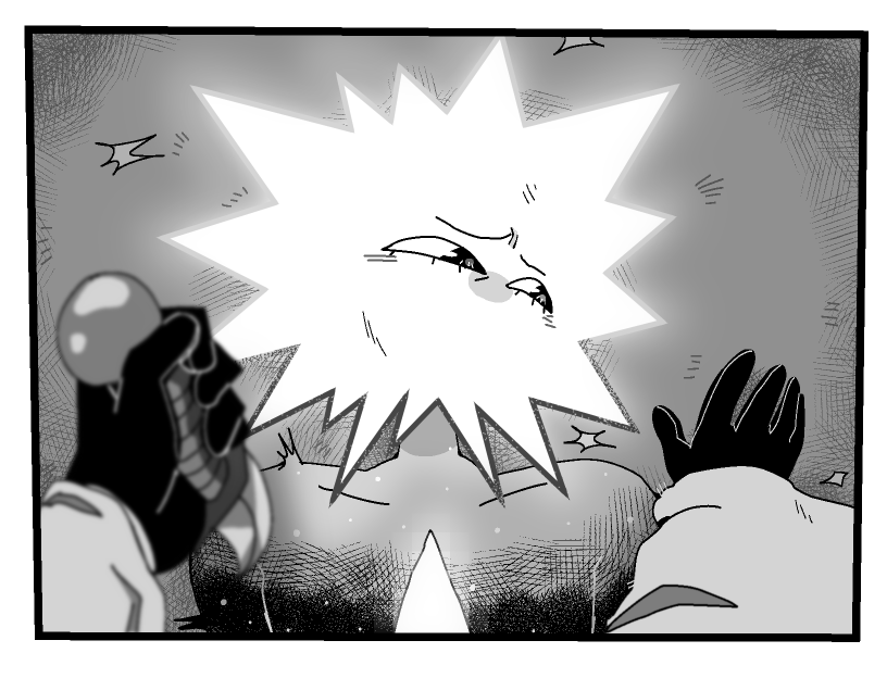 Siffrin pins Loop to the ground, dagger out of focus above their throat. Loop averts their gaze with a pained expression.